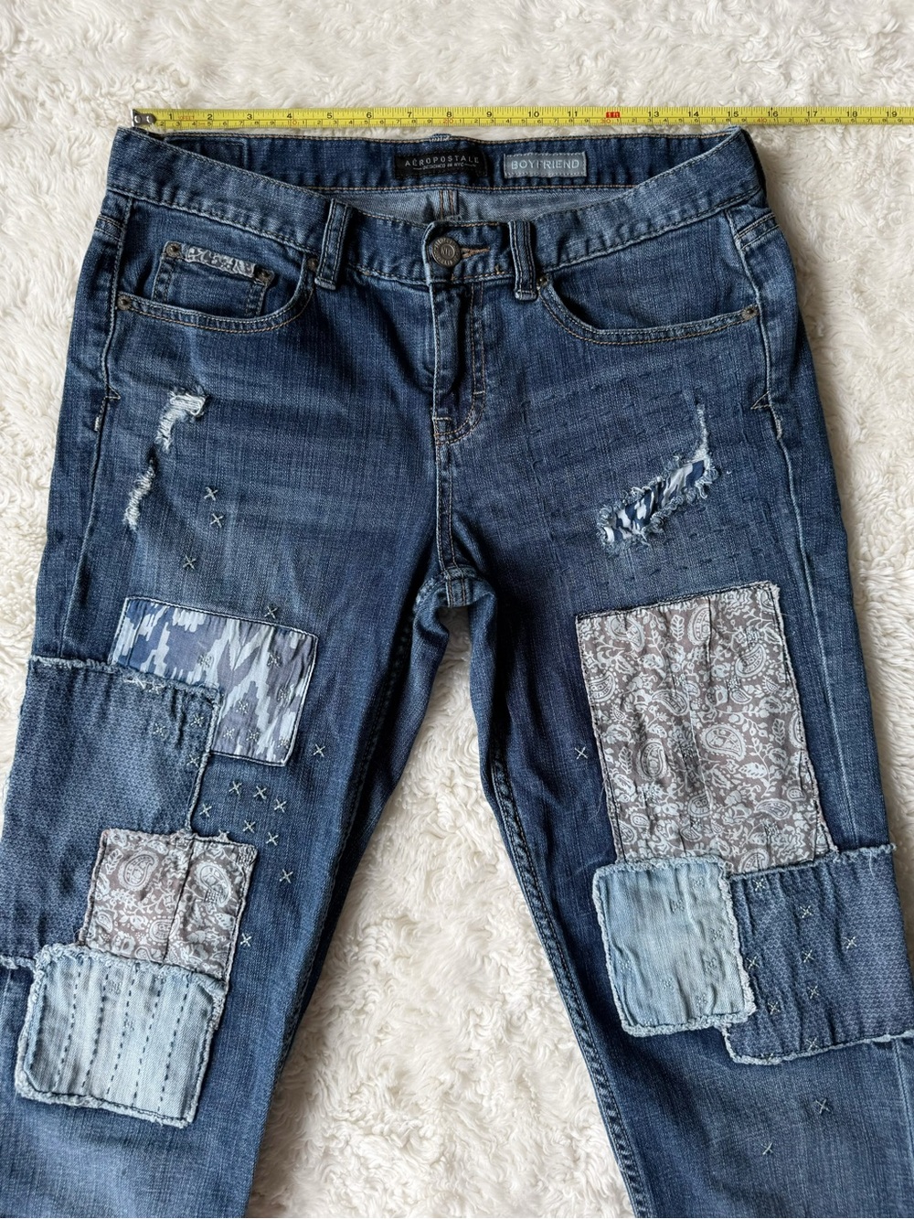 VTG Woman Blue Denim Patchwork Boyfriend Fit Jeans US4 Boho Western Country Folk - Picture 4 of 8